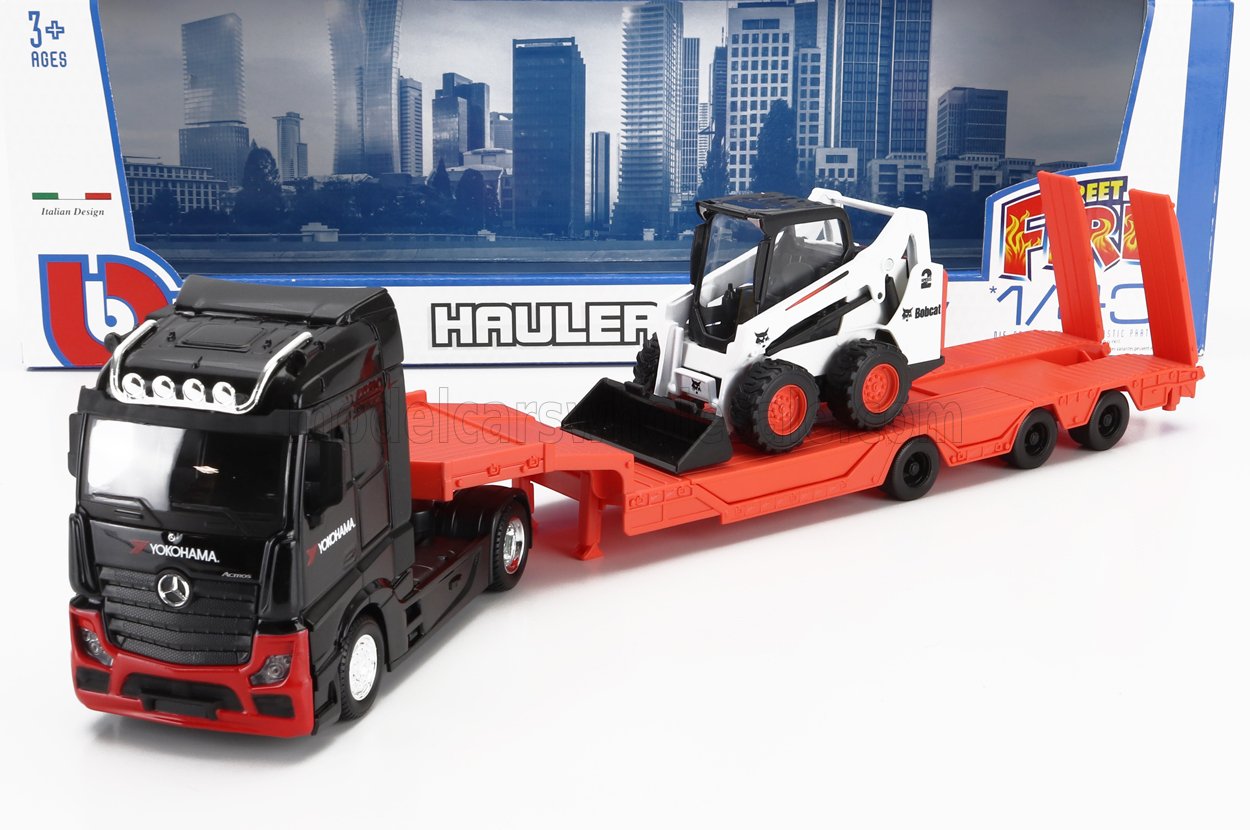 Black and red Mercedes Actros toy truck with a red trailer carrying a white and black Bobcat loader, available on Vroomi.