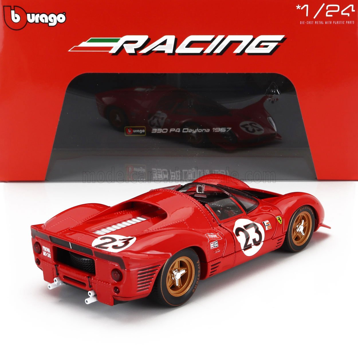 Modelo de coche de carreras Bburago 330 P4 Daytona 1967 a escala 1:24 en color rojo con el número 23, disponible a través de Vroomi.