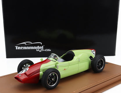 Modelo de coche de carreras vintage Mythos de Technomodel a escala 1:18 en rojo y verde, presentado en Vroomi.