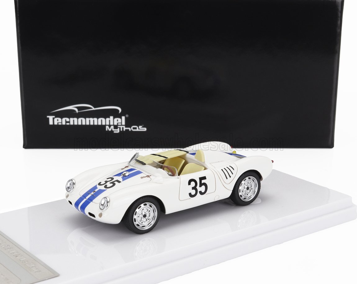 White vintage race car model with blue stripes and number 35, displayed with black Tecnmodel Mythos box, available on Vroomi