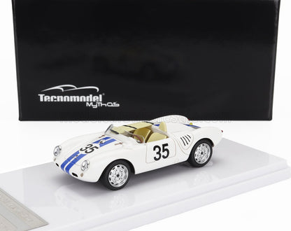 White vintage race car model with blue stripes and number 35, displayed with black Tecnmodel Mythos box, available on Vroomi