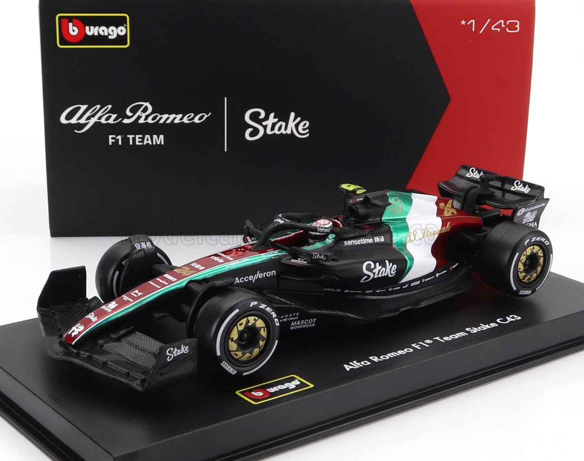 Maqueta de coche Alfa Romeo F1 Team Stake C43 a escala 1/43 de Bburago, disponible en Vroomi.