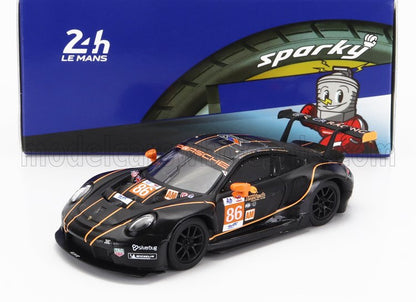 Black Porsche 911 GT3 R race car model with orange stripes and number 86, 24h Le Mans themed, available on Vroomi