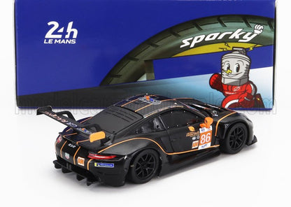 Black Porsche 911 GT3 race car model with orange accents and racing decals, showcased with Sparky tire backdrop, now available on Vroomi