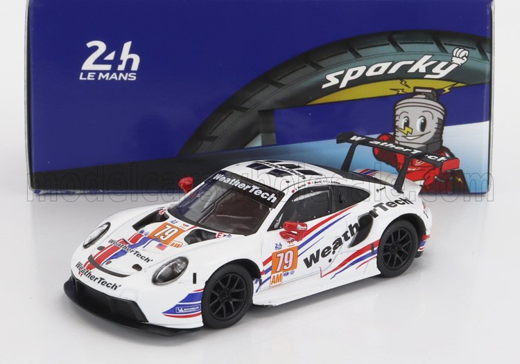 1:43 scale white WeatherTech Porsche 911 race car model with number 79, available on Vroomi