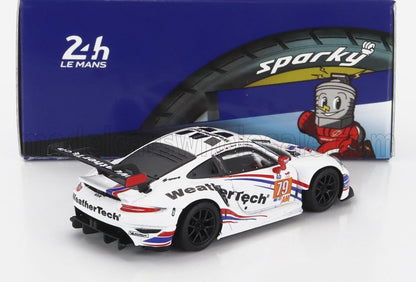 White WeatherTech Porsche 911 GT3 race car model with number 79, black wheels, and Le Mans branding, available on Vroomi