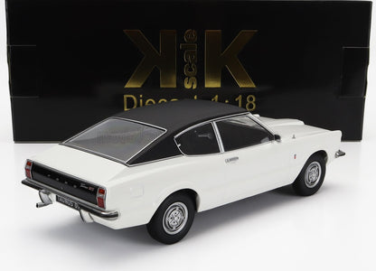 Maqueta de coche Ford Taunus GT en escala 1:18, color blanco con techo negro, presentada en una caja KK Scale negra y dorada, disponible en Vroomi.