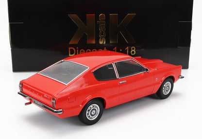 Coche en miniatura Ford Taunus a escala 1:18 de color rojo con cristales tintados en negro, expuesto con caja a escala KK, disponible en Vroomi.