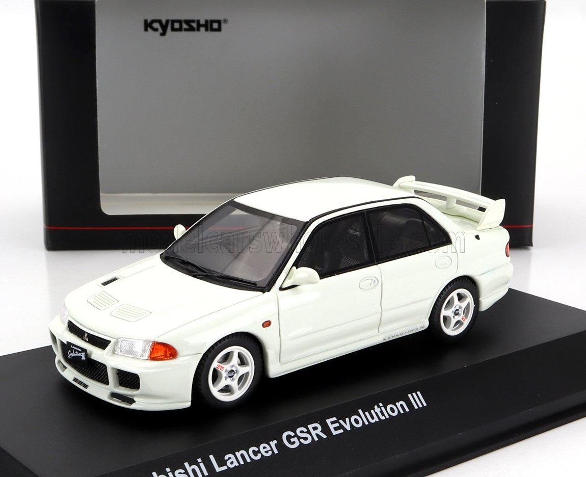 White Mitsubishi Lancer GSR Evolution III 1:43 model car by Kyosho on display stand, available on Vroomi