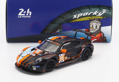 Porsche 911 RSR model race car with black and orange livery, Le Mans 24h branding, available on Vroomi