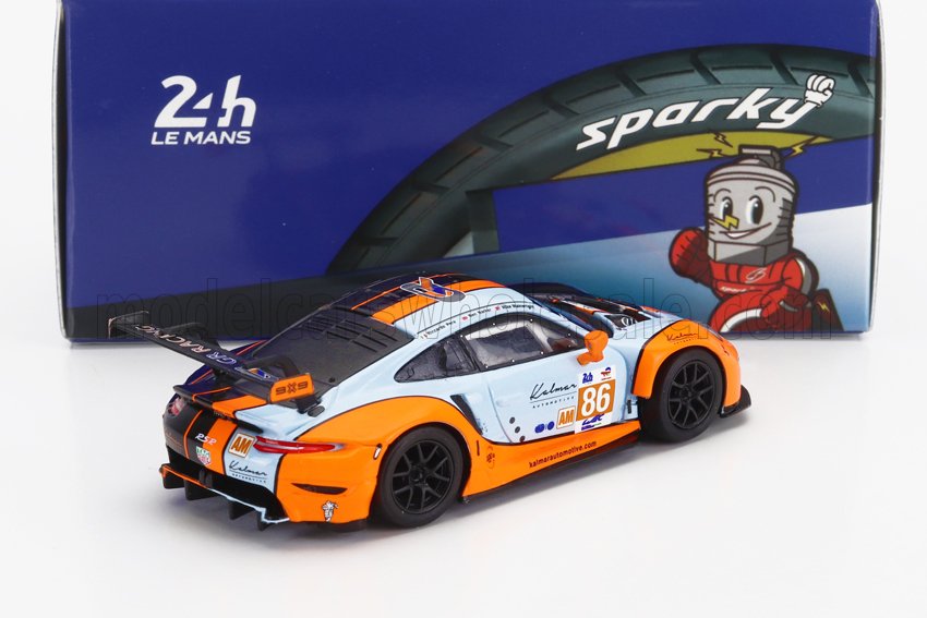 Orange and light blue 24h Le Mans race car model 86 with black wheels, shown with Sparky box, available on Vroomi