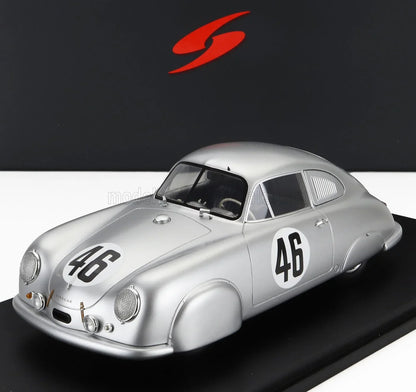 Silver vintage Porsche race car model with number 46 displayed, featured available on Vroomi platform