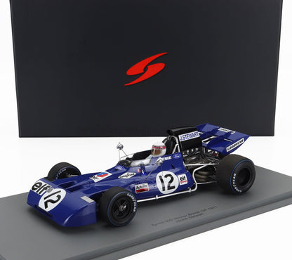 Coche de Fórmula 1 Blue Tyrrell 003 con el número 12, figura del piloto y logotipos de los patrocinadores, disponible en Vroomi.