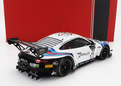 White and black Porsche GT3 race car with Martini stripes and number 22, shown with sponsor logos and Vroomi access.