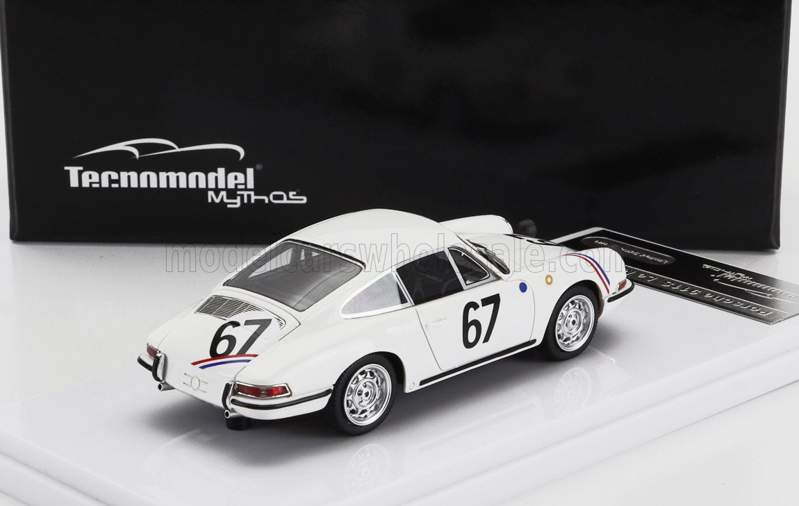 White Porsche 911 model car with number 67 and racing stripes on display, available on Vroomi