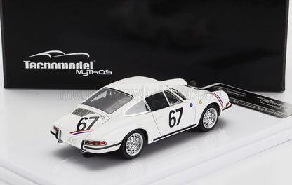 White Porsche 911 model car with number 67 and racing stripes on display, available on Vroomi