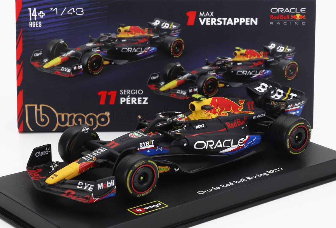 Maqueta a escala 1/43 del coche de Fórmula 1 Oracle Red Bull RB19 de Sergio Pérez, detallada pieza de colección disponible en Vroomi.