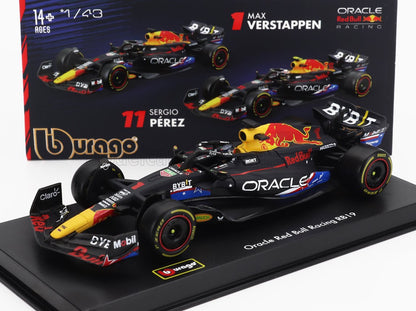 Coche modelo Oracle Red Bull RB19 con Max Verstappen y Sergio Pérez en el embalaje, disponible en Vroomi.