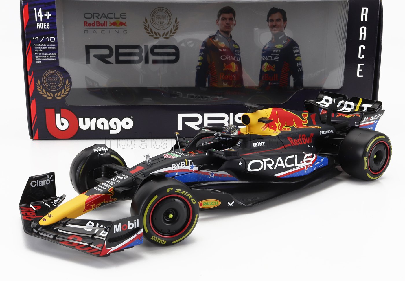 Modelo de coche de Fórmula 1 Red Bull RB19 a escala 1:18 con la marca Oracle, coleccionable en Vroomi.