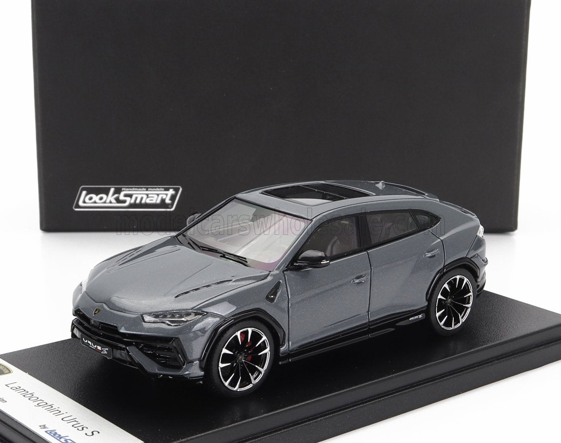 Gray Lamborghini Urus S model car on black display base with LookSmart logo, available on Vroomi
