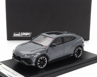 Gray Lamborghini Urus S model car on black display base with LookSmart logo, available on Vroomi