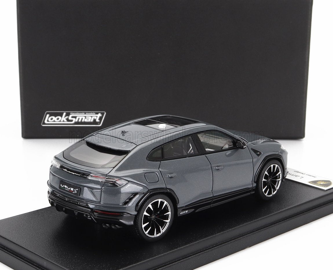 Gray LookSmart Lamborghini Urus model car on black display stand, offered on Vroomi platform