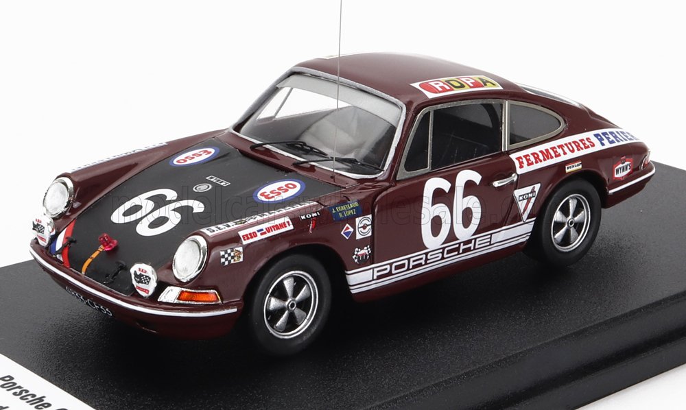 Scale model of vintage maroon Porsche 911 race car number 66, detailed decals, displayed on stand, available on Vroomi