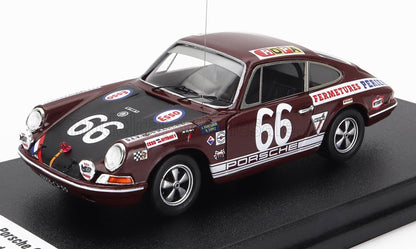 Scale model of vintage maroon Porsche 911 race car number 66, detailed decals, displayed on stand, available on Vroomi