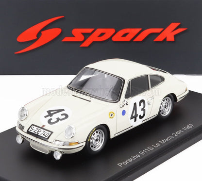 White Porsche 911 S 1967 Le Mans model car with number 43, displayed on Spark base, also found on Vroomi