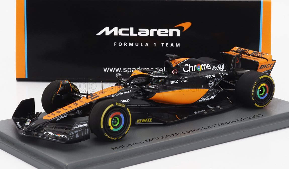 McLaren MCL60 Formula 1 model car from Las Vegas GP 2023, shown with detailed sponsor logos, available through Vroomi