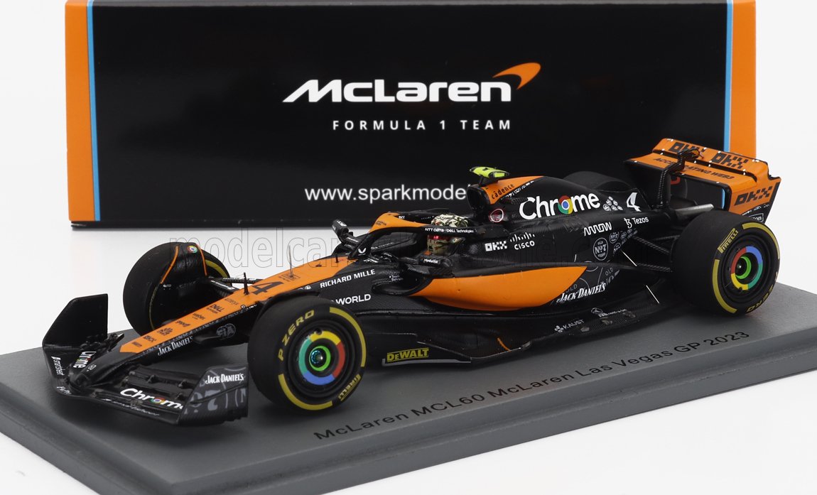 McLaren MCL60 Las Vegas GP 2023 Formula 1 car model in black and orange, available on Vroomi