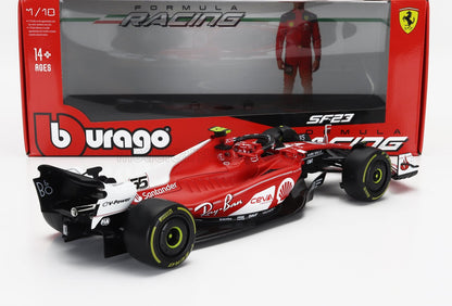 Modelo de coche de carreras de Fórmula 1 Bburago Ferrari SF23 a escala 1/18, diseño detallado en rojo y negro, disponible en Vroomi.
