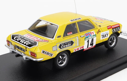 Yellow vintage rally car model with number 14, sponsor decals, and mounted on display base, offered on Vroomi