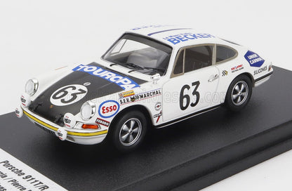 Modelo de coche Porsche 911T/R blanco con capó negro y número 63, con adhesivos de carreras vintage, presentado en Vroomi.