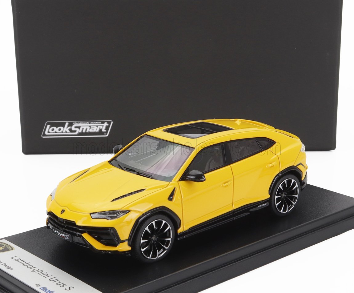 Yellow Lamborghini Urus S scale model by Looksmart, displayed on black stand, available on Vroomi