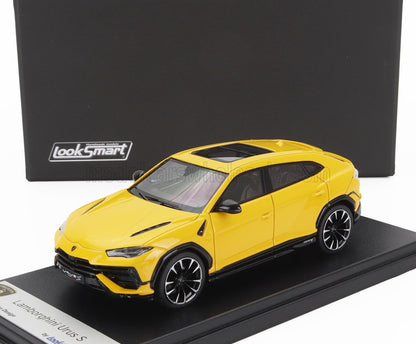Yellow Lamborghini Urus S scale model by Looksmart, displayed on black stand, available on Vroomi