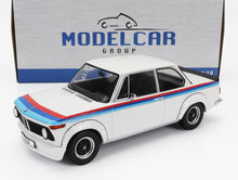 Maqueta de coche BMW 2002 blanco con rayas azules y rojas, expuesta en una caja de Model Car Group, disponible en Vroomi.