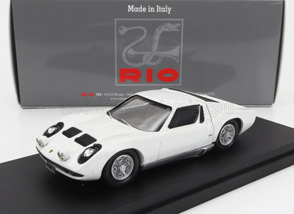 White Lamborghini Miura model car on black base with grey RIO box, available on Vroomi platform
