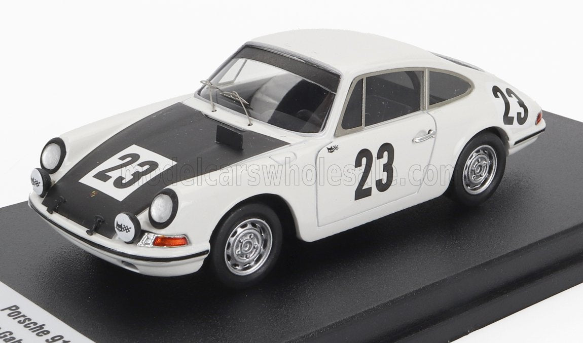 White Porsche 911 model car with black racing stripe and number 23, displayed on a black stand, offered on Vroomi