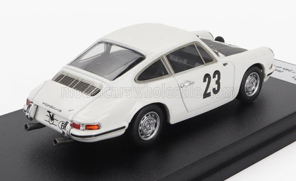 White vintage Porsche 911 racing model car with number 23 on door displayed on black platform, available on Vroomi