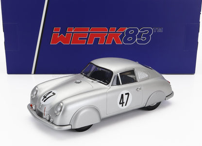 Silver vintage race car model with number 47 in front of a blue WERK83 box, now available on Vroomi