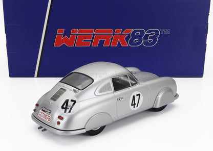 Silver vintage race car model #47 with Porsche rear vents, displayed with blue WERK83 box, found on Vroomi