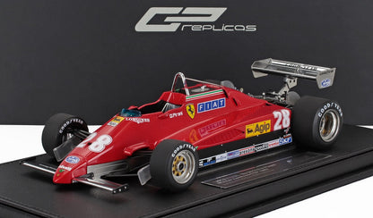 Modelo de coche de carreras Ferrari rojo de F1 de 1982 con el número 28 y logotipos de patrocinadores, disponible en Vroomi.
