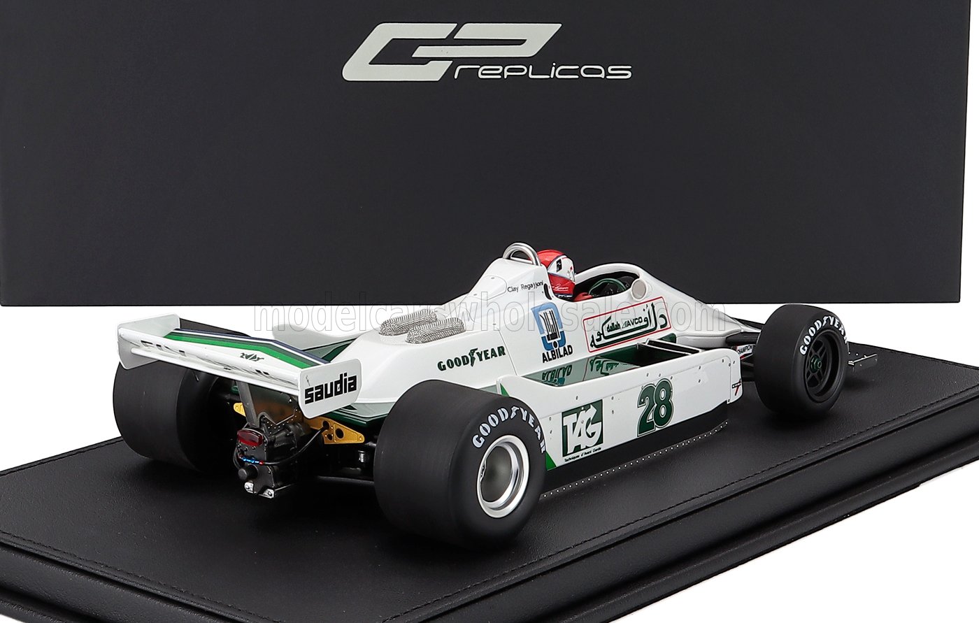 Maqueta de coche Williams de Fórmula 1 a escala 1/18 con decoración blanca y verde, disponible bajo pedido.