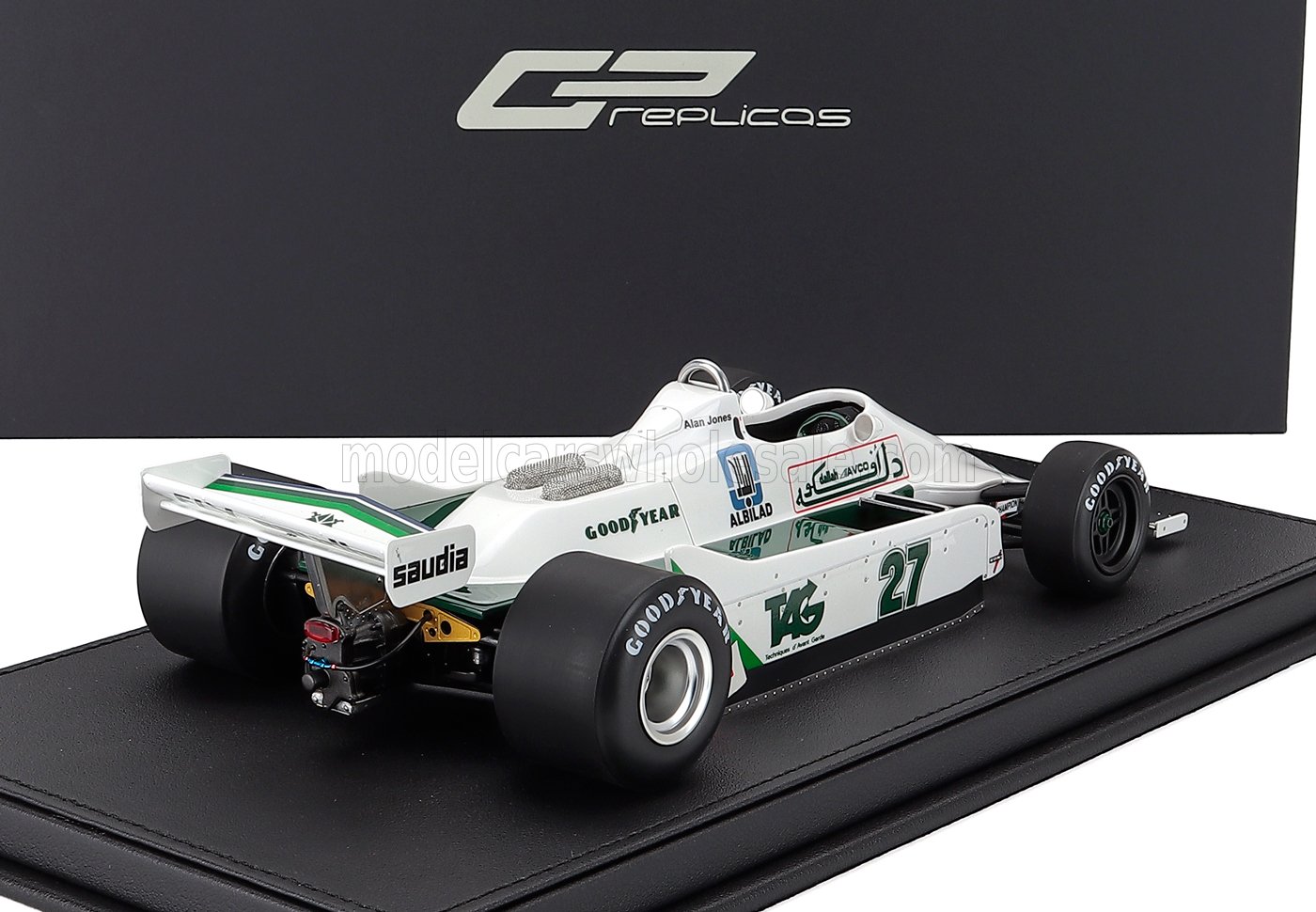 1:18 scale model of a classic Formula 1 race car in white and green, available now on Vroomi