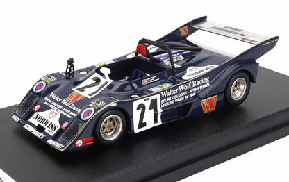 Miniatura azul oscuro del coche de carreras Walter Wolf Racing número 21 expuesta sobre una plataforma negra, ofrecida en Vroomi.