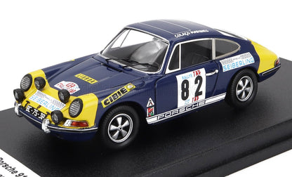 Blue and yellow Porsche 911 rally model car with number 82, detailed decals, on display base, offered on Vroomi
