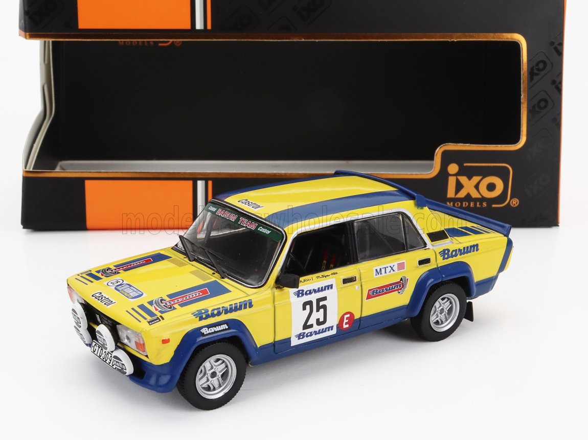 Modelo de coche de rally Barum amarillo y azul con el número 25, disponible en la plataforma Vroomi.
