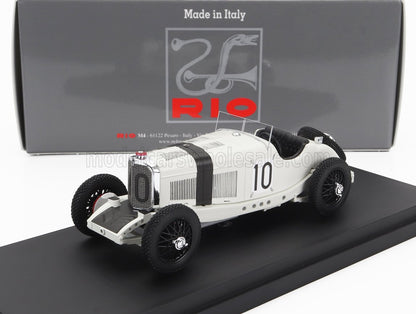 Modelo de coche de carreras vintage blanco número 10 sobre base negra con el logotipo de Rio y origen italiano, disponible a través de Vroomi.