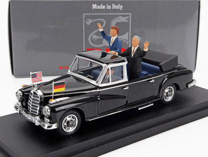 Black vintage convertible model car with American and German flags, two figures waving, available on Vroomi